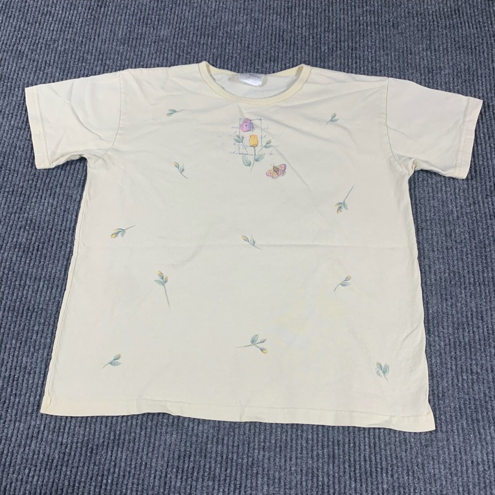 VTG Artisans T Shirt Womens Large‎ Yellow AOP Floral Butterflies Retro 90s USA